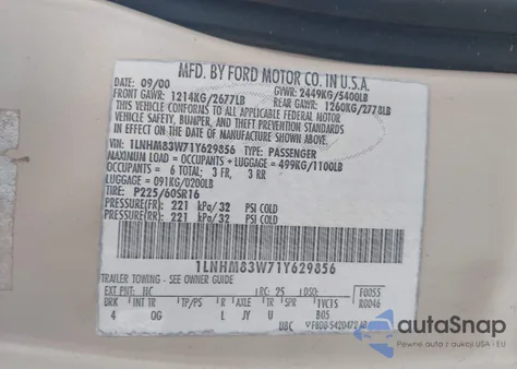 2001 Lincoln Town Car Cartier from USA, damaged, VIN 1LNHM83W71Y629856